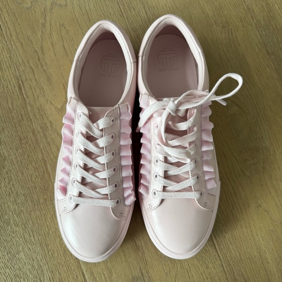 Tory Burch Tory Sport Cotton Pink Calf Leather Ruffle Sneaker - Picture 3 of 7
